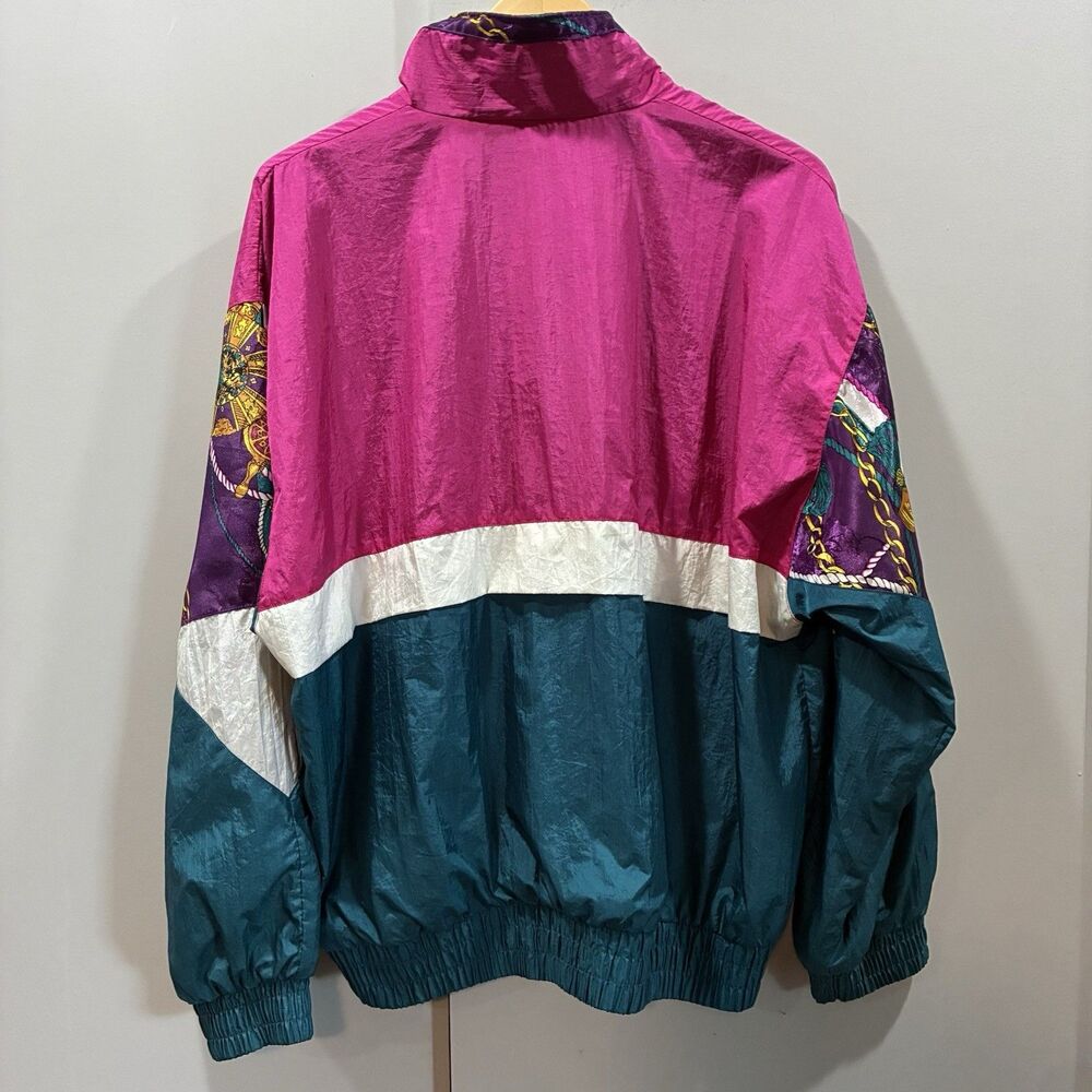 Vintage 80s Color Block Windbreaker Jacket Pink Teal Equestrian Scarf Print Sz L - Picture 6 of 11